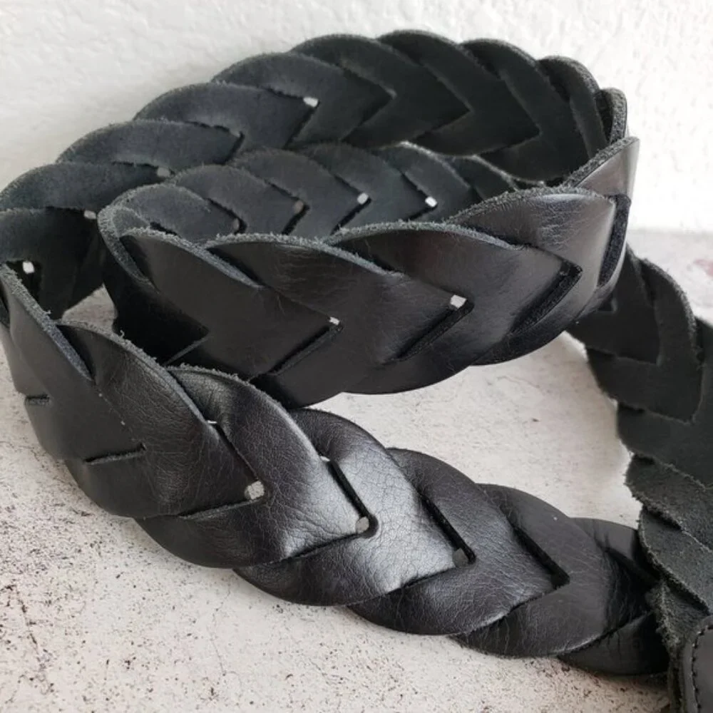 Vintage Bohemian Braided Leather Belt Enameled Metalwork Mandala Buckle